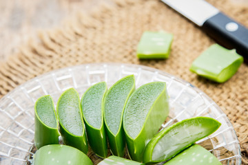 Aloe Vera slices on dish for healthy eating herb 