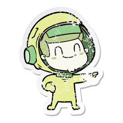 distressed sticker of a happy cartoon astronaut man