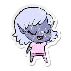 distressed sticker of a happy cartoon elf girl