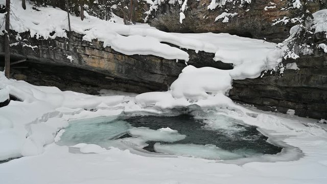 The frozen Johnston Creek in the Johnston Canyon, Banff National Park, Alberta, Canada
