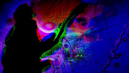 Man's silhouette playing guitar with psychedelic colors swirling about.