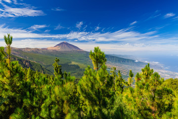Incredible view of the Teide volcano from the viewpoint Mirador de Chipeque, which is located on the road number 24. Tenerife. Canary Islands..Spain