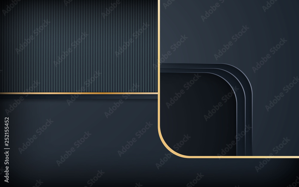 Poster black background. abstract realistic rounded layered decoration textured with golden list. 3d backdr