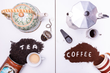Divided frame with on the left a teapot and tea, on the right a moka pot and coffee. Studio shot...