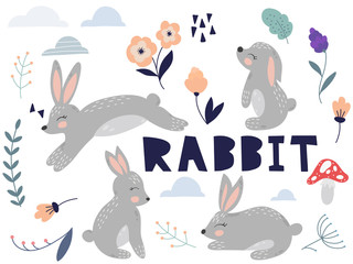 Cute cartoon rabbit. Rabbit characters set. Rabbits, flowers and leaves vector illustration.