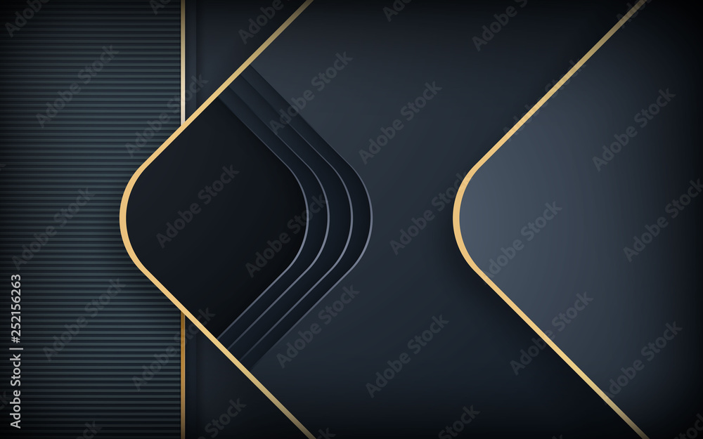 Poster black background. abstract realistic rounded layered decoration textured with golden list. 3d backdr