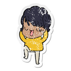 distressed sticker of a cartoon woman talking