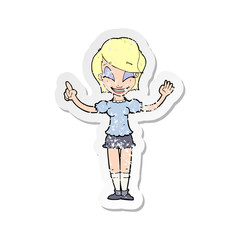 retro distressed sticker of a cartoon pretty girl with idea