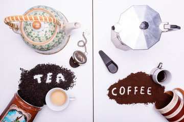 Divided frame with on the left a teapot and tea, on the right a moka pot and coffee. Studio shot...