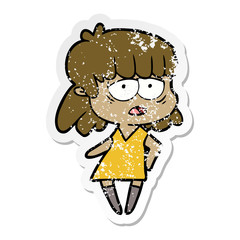 distressed sticker of a cartoon tired woman