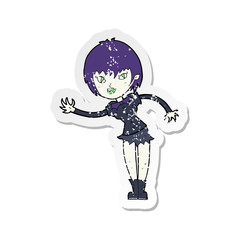 retro distressed sticker of a cartoon vampire girl welcoming