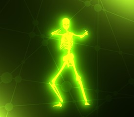 Human skeleton in fighting pose. Halloween party design template. 3D rendering