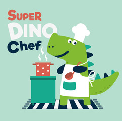 Cute and smiling dinosaur in chef uniform cooking dinner 