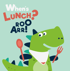 Cute dinosaur with spoon and fork