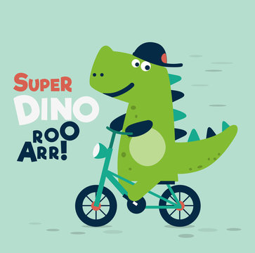 Cute dinosaur rides on bicycle