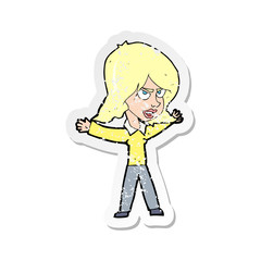 retro distressed sticker of a cartoon woman gesturing