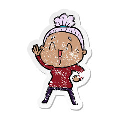 distressed sticker of a cartoon happy old lady