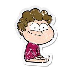 distressed sticker of a cartoon happy man