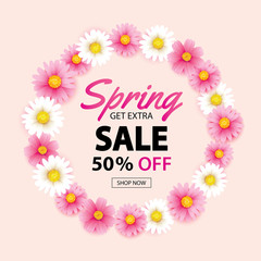 Spring sale circle wreath banner with blooming flowers background template. Design for advertising, flyers, posters, brochure, invitation, voucher discount.