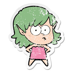 distressed sticker of a cartoon elf girl staring