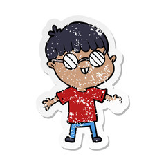 distressed sticker of a cartoon boy wearing spectacles