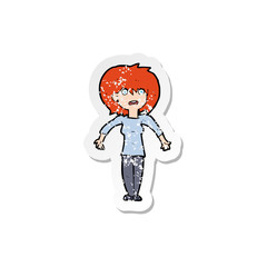 retro distressed sticker of a cartoon woman shrugging shoulders