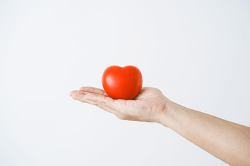 The hand of a man holding a red heart on white background.