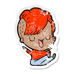 distressed sticker of a cute cartoon girl with hipster haircut