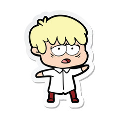 sticker of a cartoon exhausted boy