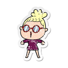 distressed sticker of a cartoon woman wearing spectacles