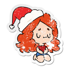 christmas distressed sticker cartoon of kawaii girl