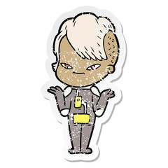 distressed sticker of a cute cartoon girl with hipster haircut