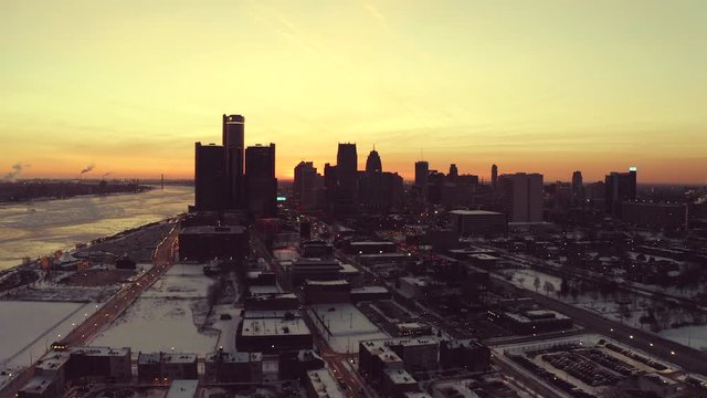 Detroit aerial view Winter Panorama at Sunset