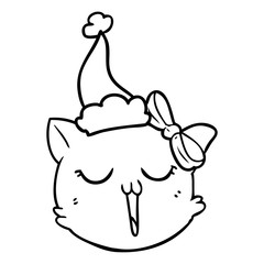 line drawing of a cat face wearing santa hat