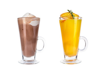 Various refreshing cocktails in glass mugs on white background.