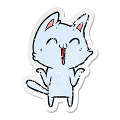 distressed sticker of a happy cartoon cat