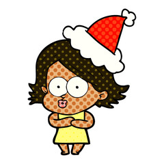 comic book style illustration of a girl pouting wearing santa hat