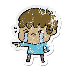 distressed sticker of a cartoon boy crying