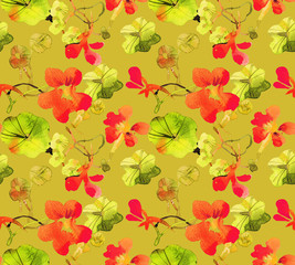 Watercolor seamless pattern with petals of Indian cress. Colorful botanical illustration in vintage style. Floral decoration for background, fabric, textile, texture, wrapper pattern, frame or border.