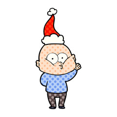 comic book style illustration of a bald man staring wearing santa hat