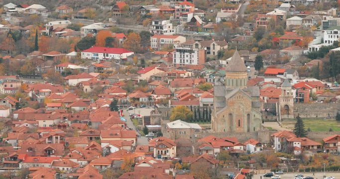 Mtskheta Georgia. Top View Of Ancient Town And Svetitskhoveli Cathedral During Autumn Day. UNESCO World Heritage Site