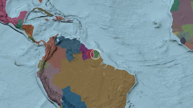 French Guiana area presented against the global administrative map in the Fahey projection with animated oblique transformation
