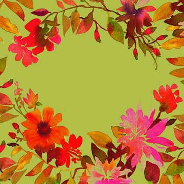 Watercolor Floral pattern frame made of abstract orange and purple garden flowers with Foliage. Backround for placing a text.