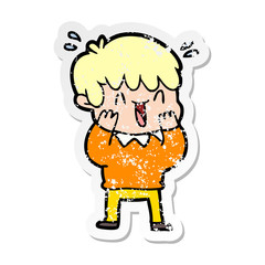 distressed sticker of a cartoon laughing boy