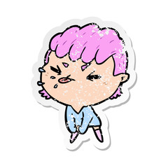 distressed sticker of a cartoon rude girl