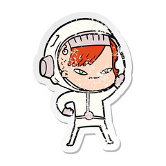 distressed sticker of a cartoon astronaut woman