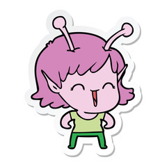 sticker of a cartoon alien girl laughing