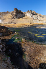 View of natural Hot Springs at Hot Creek Geological Site. Located near Mammoth Lakes, California, United States.