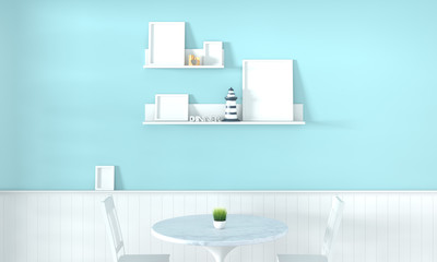 3D rendering of blank picture frame on shelves hang on pastel blue wall with lighthouse decorate in dining room.