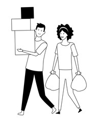 love couple cartoon in black and white